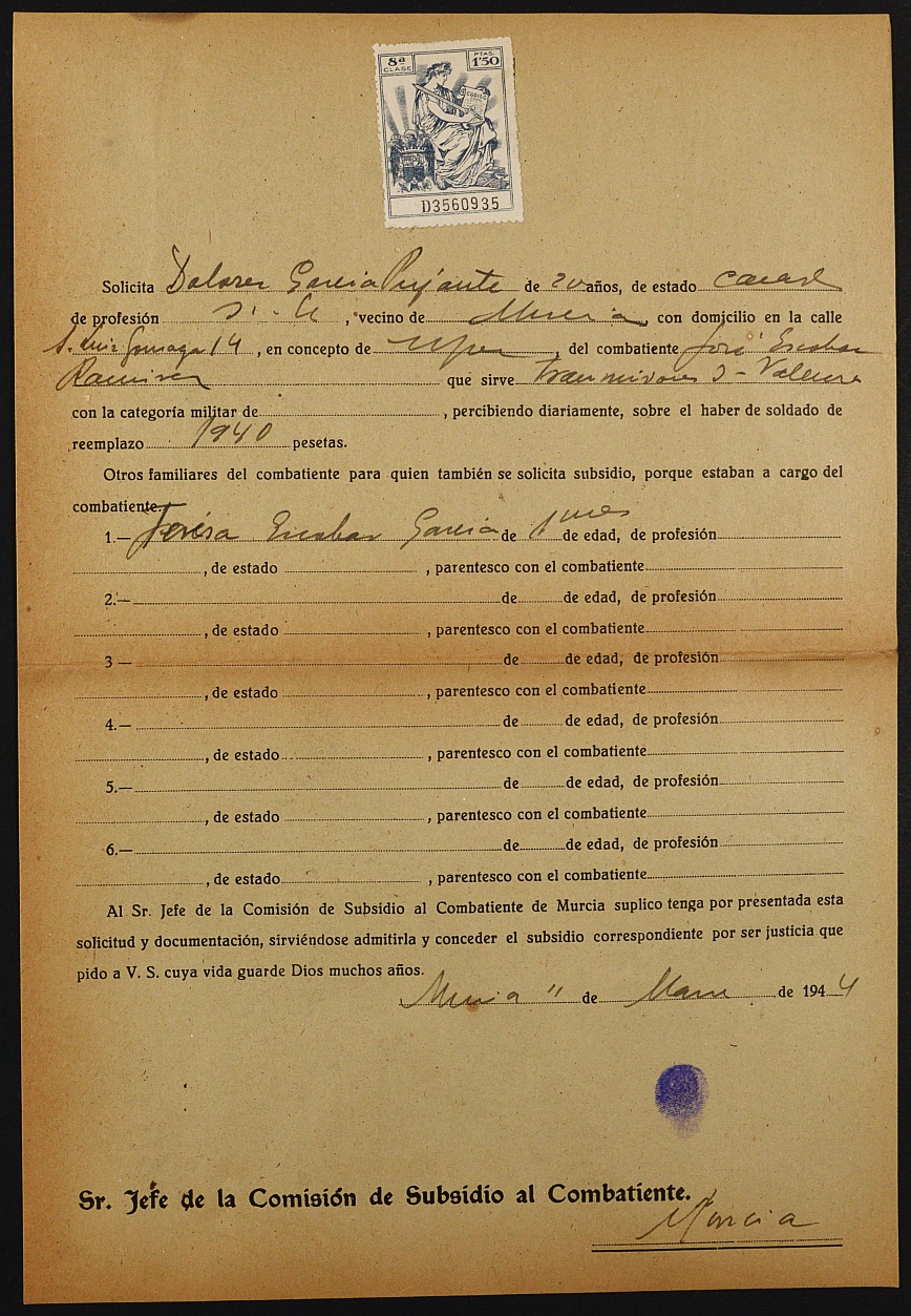 Expediente nº 156/1944 de beneficiario del subsidio al combatiente de José Escobar Ramírez